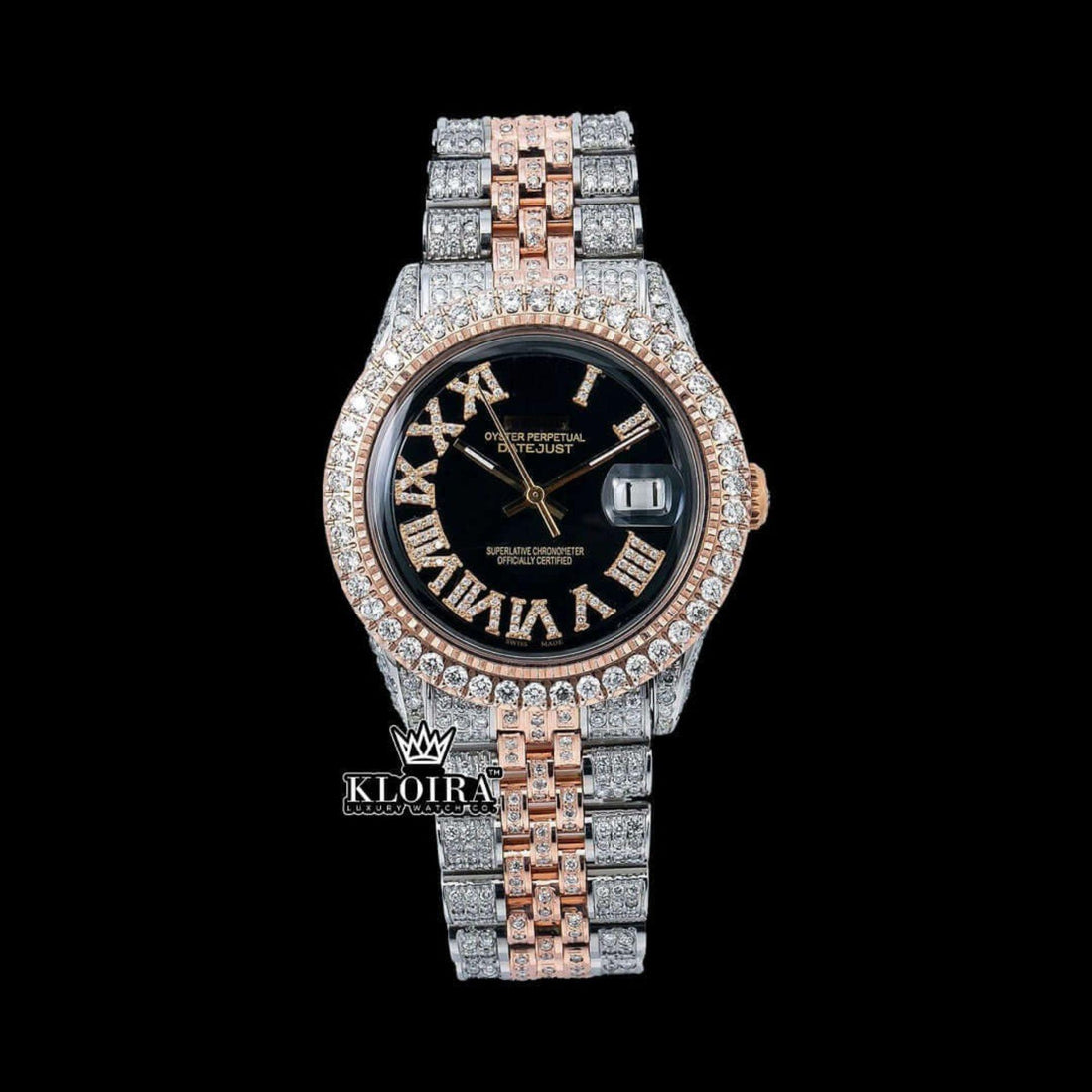 Lady justdate Rolex Inspired Two Tone Roman Black Dial Moissanite Watch 42mm Front View