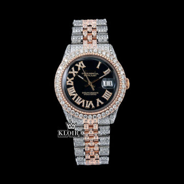 Lady justdate Two Tone Roman Black Dial Moissanite Watch 42mm Front View