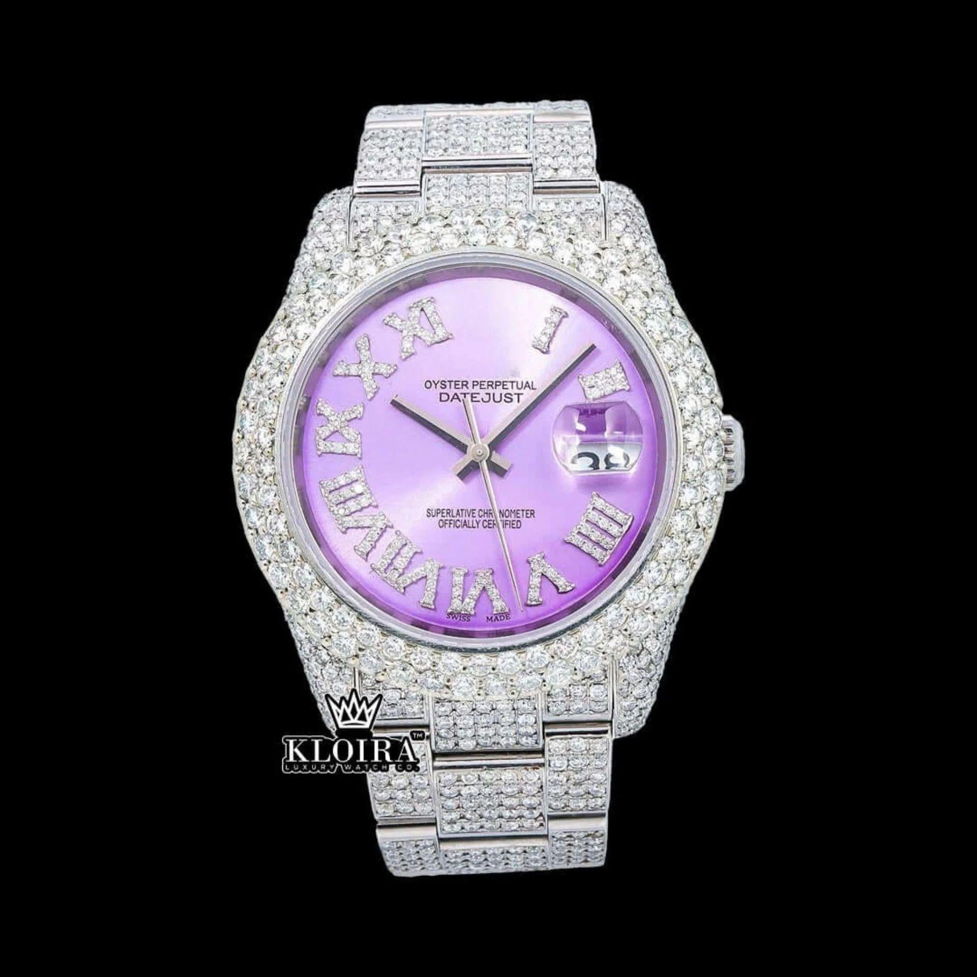 Lavender Dial Roman Numerals Iced Out Moissanite Diamond Watch Front View