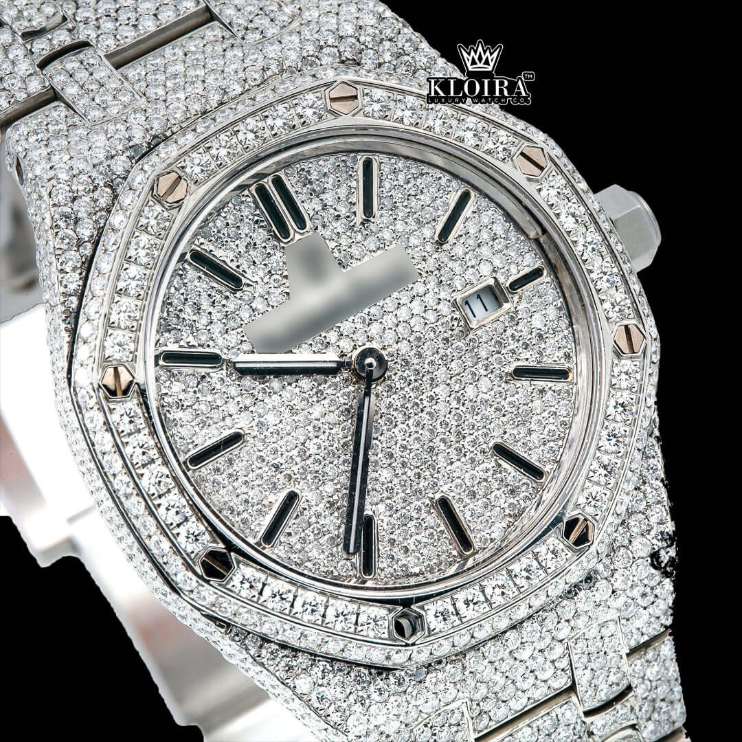 Audemars Piguet iced out watch with Moissanite diamonds and silver accents on a white background.
