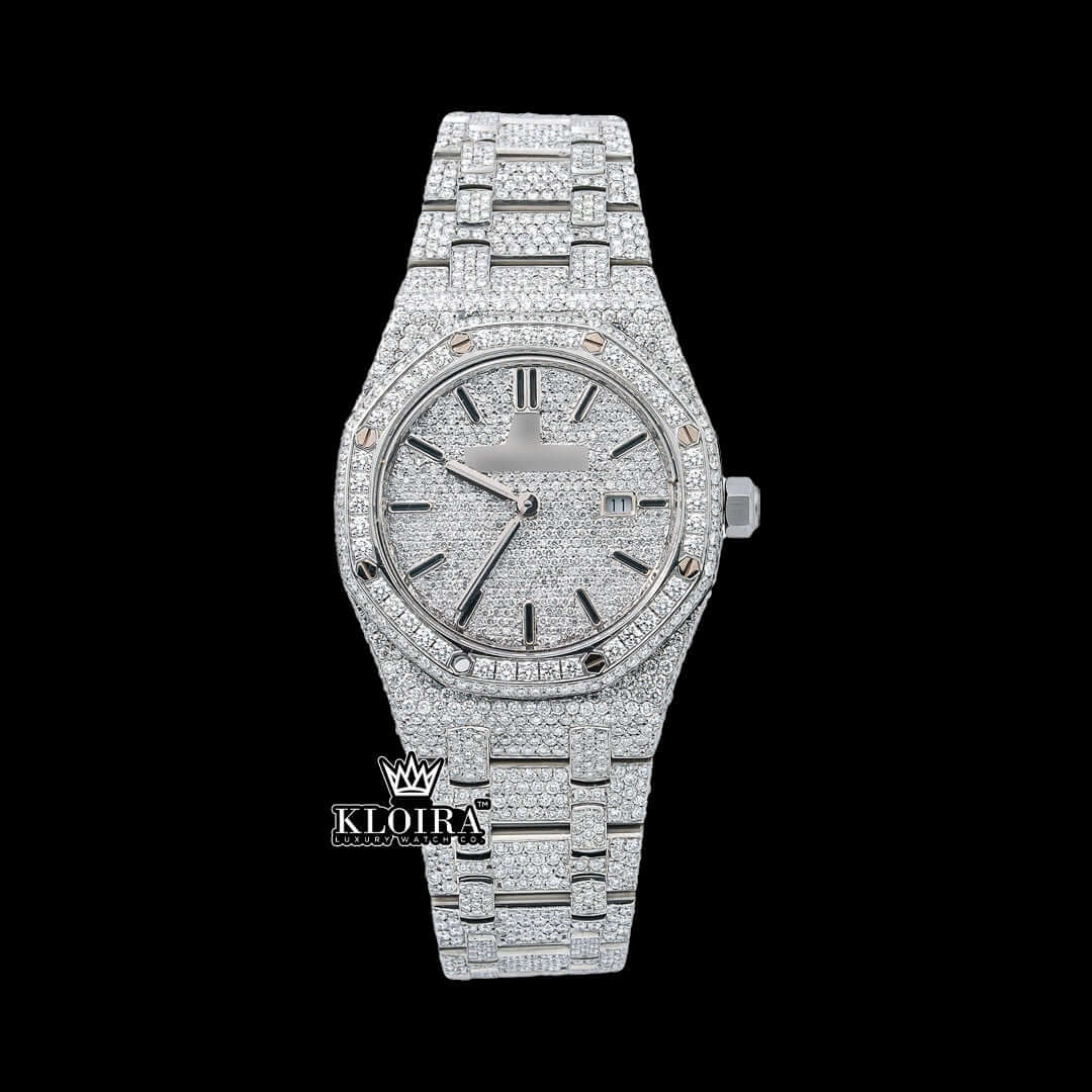 Audemars Piguet iced out watch with Moissanite diamonds and silver accents on a white background.