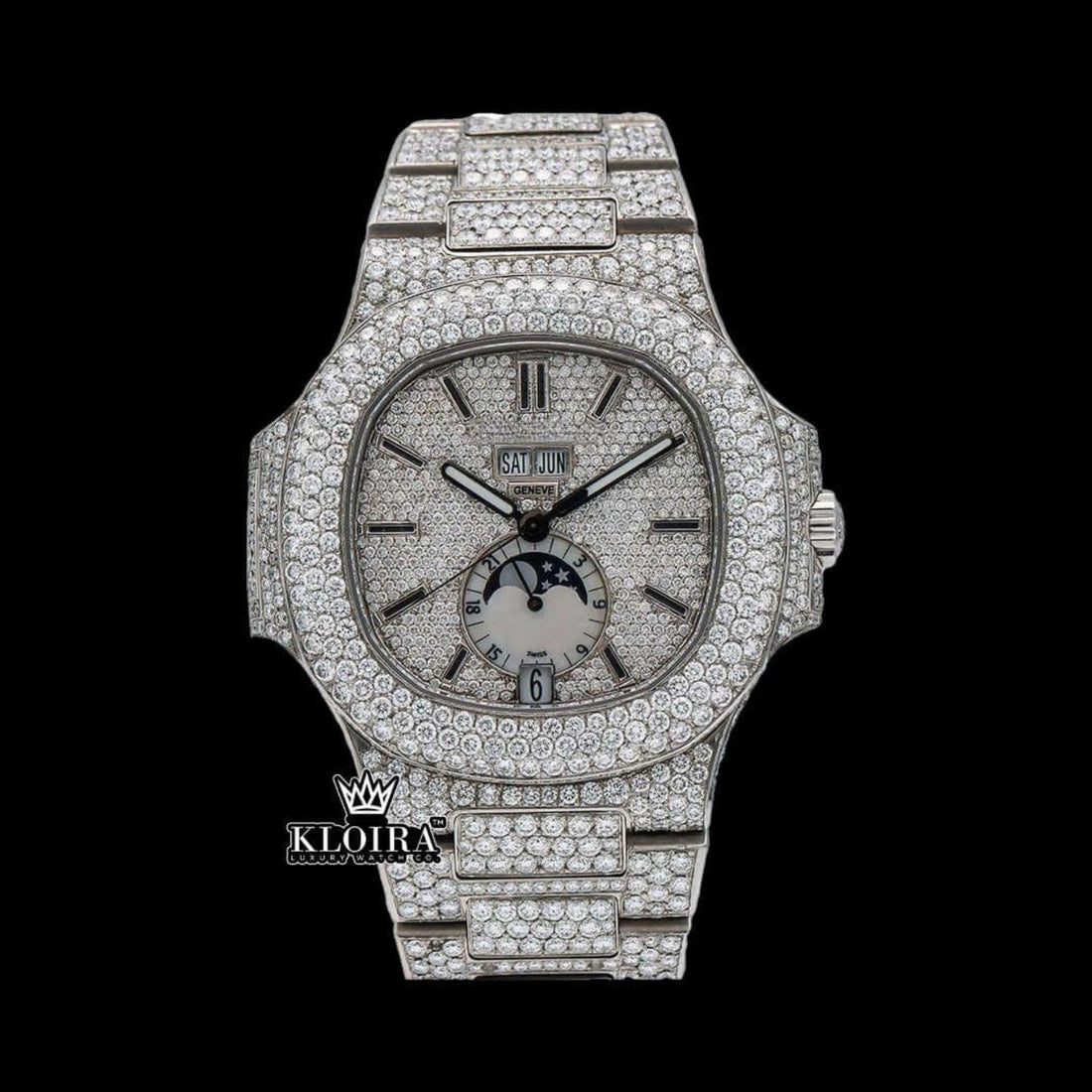 Lunar Spark Moissanite Diamond Watch 14K Gold VVS 20 Carat 42mm Front View