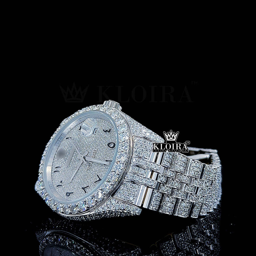 Luxury Arabic Dial Rolex Automatic Moissanite Watch with silver case and diamond embellishments.
