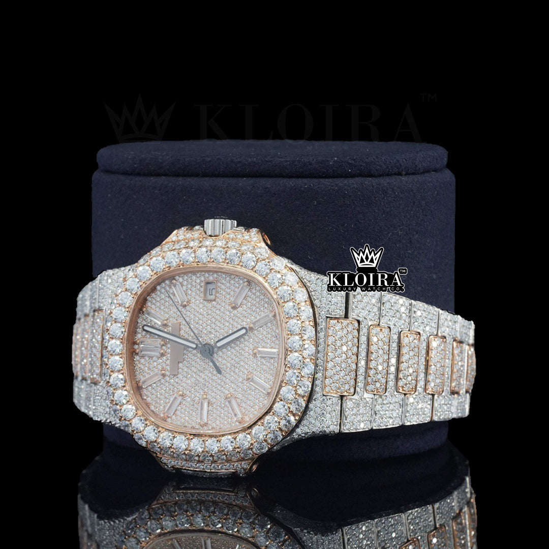 Lustre Moissanite Diamond Watch Rose 14K Gold VVS 25 Carat 42mm Front 