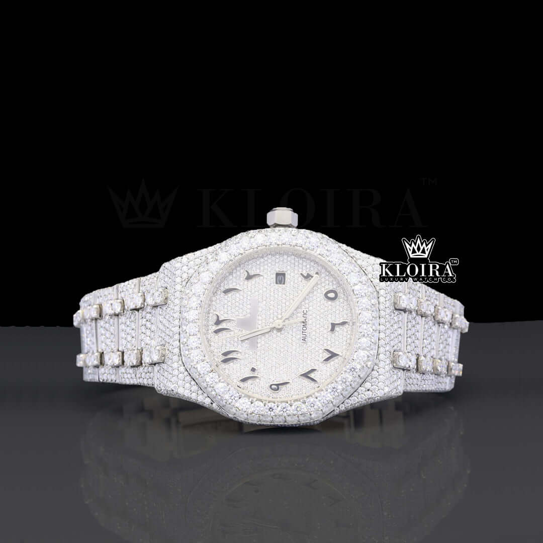 AP Iced Out Arabic Numeral Moissanite Diamond Watch with VVS 14K gold finish and sparkling design.
