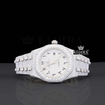 AP Iced Out Arabic Numeral Moissanite Diamond Watch with VVS 14K gold finish and sparkling design.