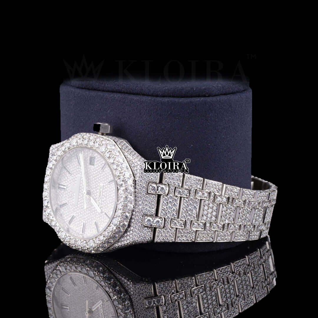 Bust Down AP Lab-Grown Diamond Watch with silver-tone case and bracelet, featuring sparkling diamonds and a classic design.