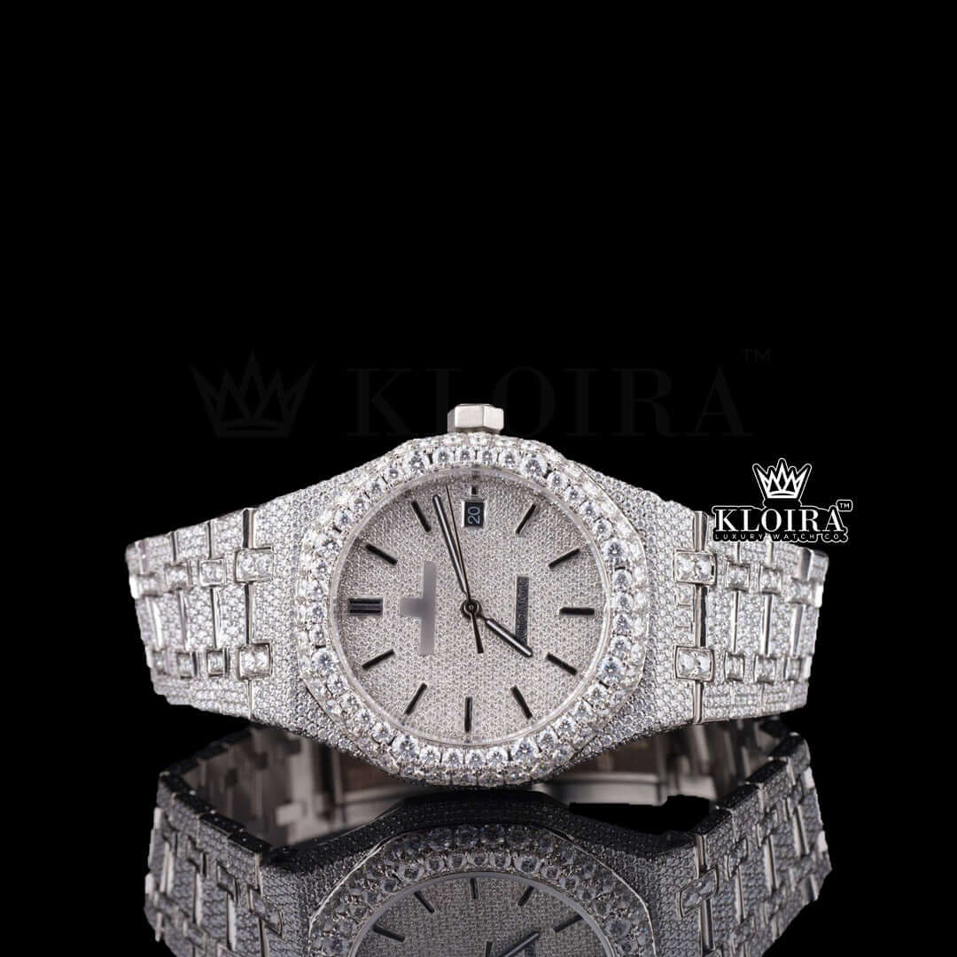 Bust Down AP Lab-Grown Diamond Watch with silver-tone case and bracelet, featuring sparkling diamonds and a classic design.