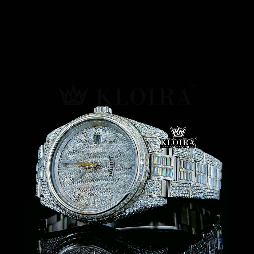 Moissanite Baguette Rolex iced out diamond watch in 14K gold with silver dial and 42mm case.