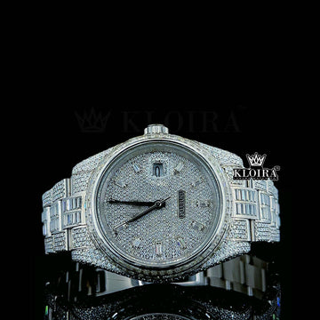 Moissanite Baguette Rolex iced out diamond watch in 14K gold with silver dial and 42mm case.
