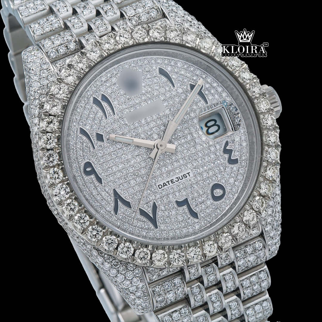 Best Replica Rolex Watch with Arabic numbers, 42mm case, and moissanite accents.
