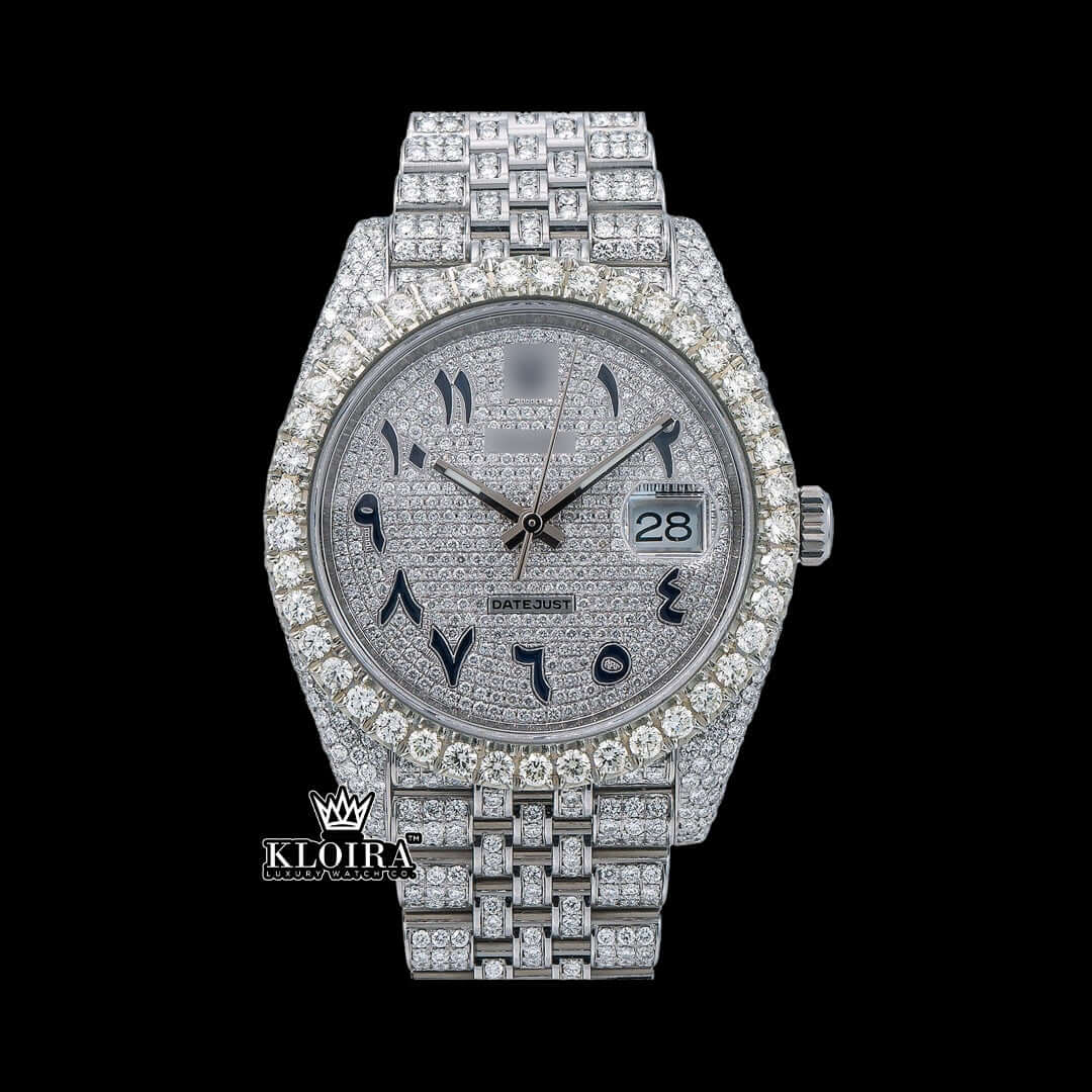 Best Replica Rolex Watch with Arabic numbers, 42mm case, and moissanite accents.