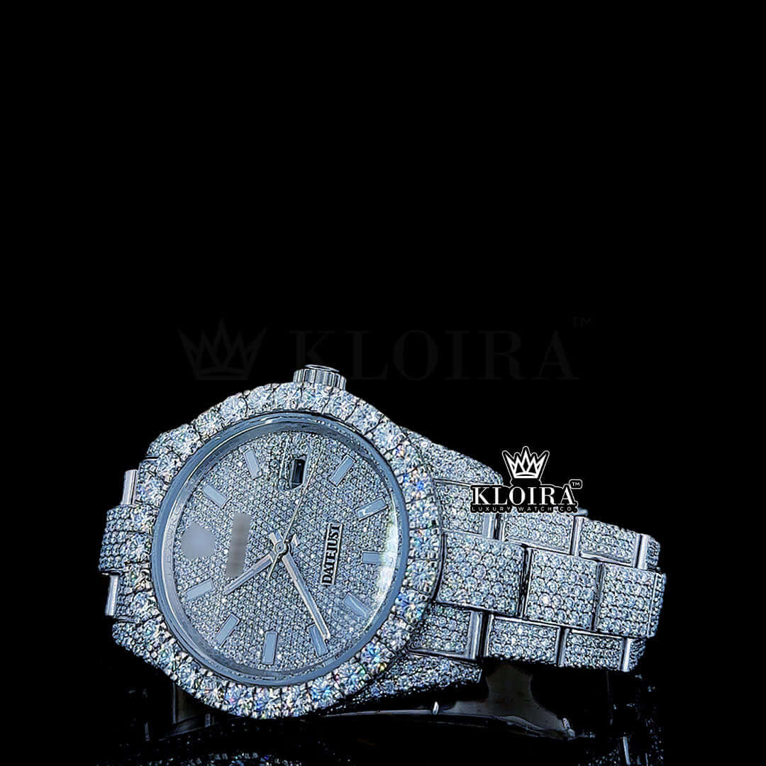 Rolex Diamond Watch featuring a luxurious diamond-encrusted design and elegant silver dial, 42mm size.