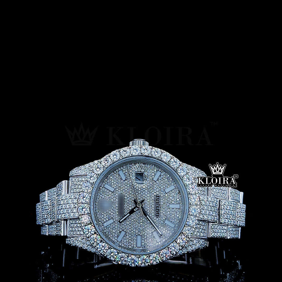 Rolex Diamond Watch featuring a luxurious diamond-encrusted design and elegant silver dial, 42mm size.