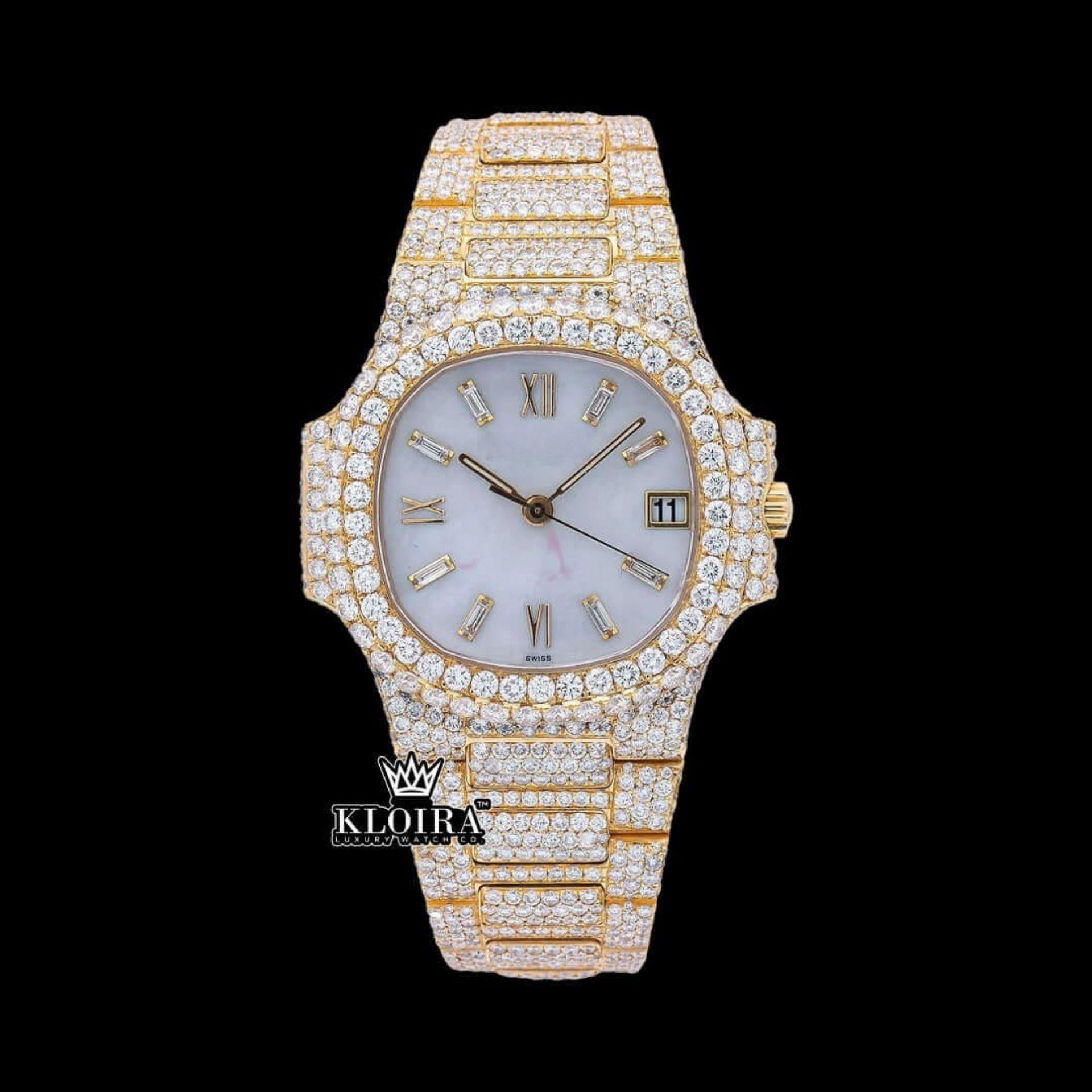 MDiamond Markers Fully Iced Out Yello Gold Moissanite Diamond Watch Front View