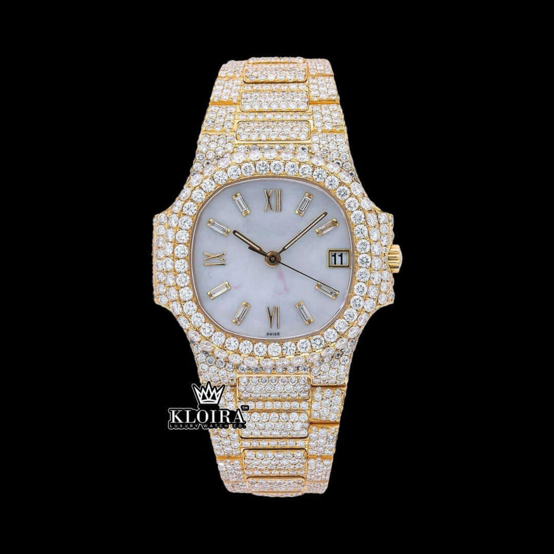 MDiamond Markers Fully Iced Out Yello Gold Moissanite Diamond Watch Front View