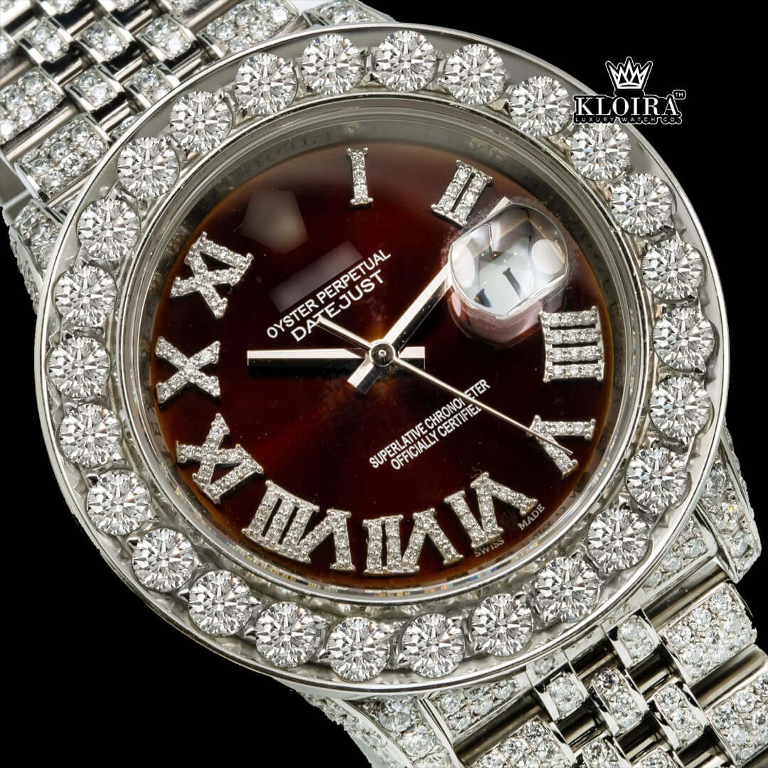 Datejust Iced Out Watch with brown Roman numeral dial and moissanite diamonds in a luxury gold-plated design.