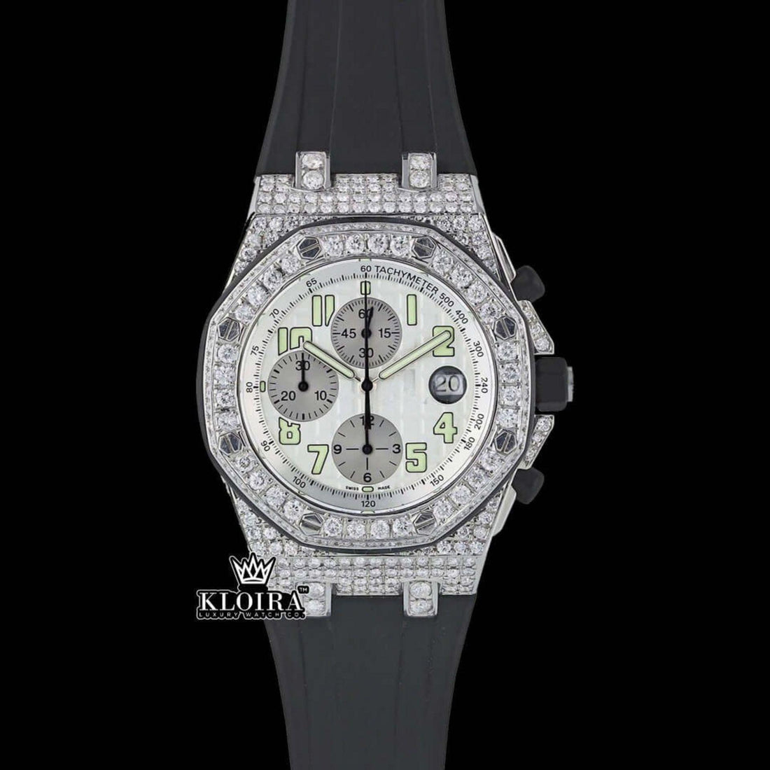 Men's Iced Out Moissanite Diamond Watch Chronograph Rubber Strap Front View
