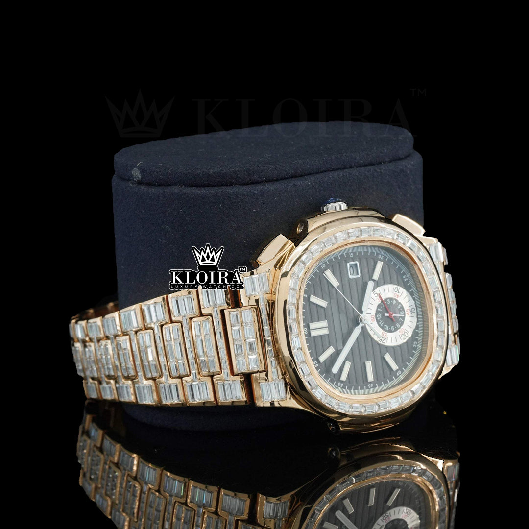Premium iced masterpiece Men's Patek Philippe Watch front angle view