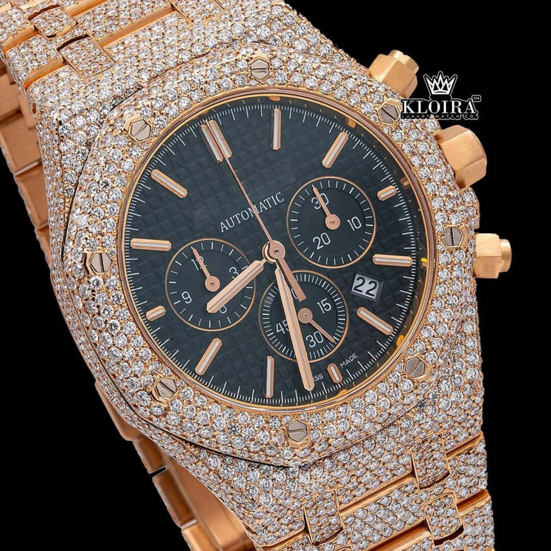 Men's Rose Gold Black Dial Iced Out Moissanite Diamond Watch Front View