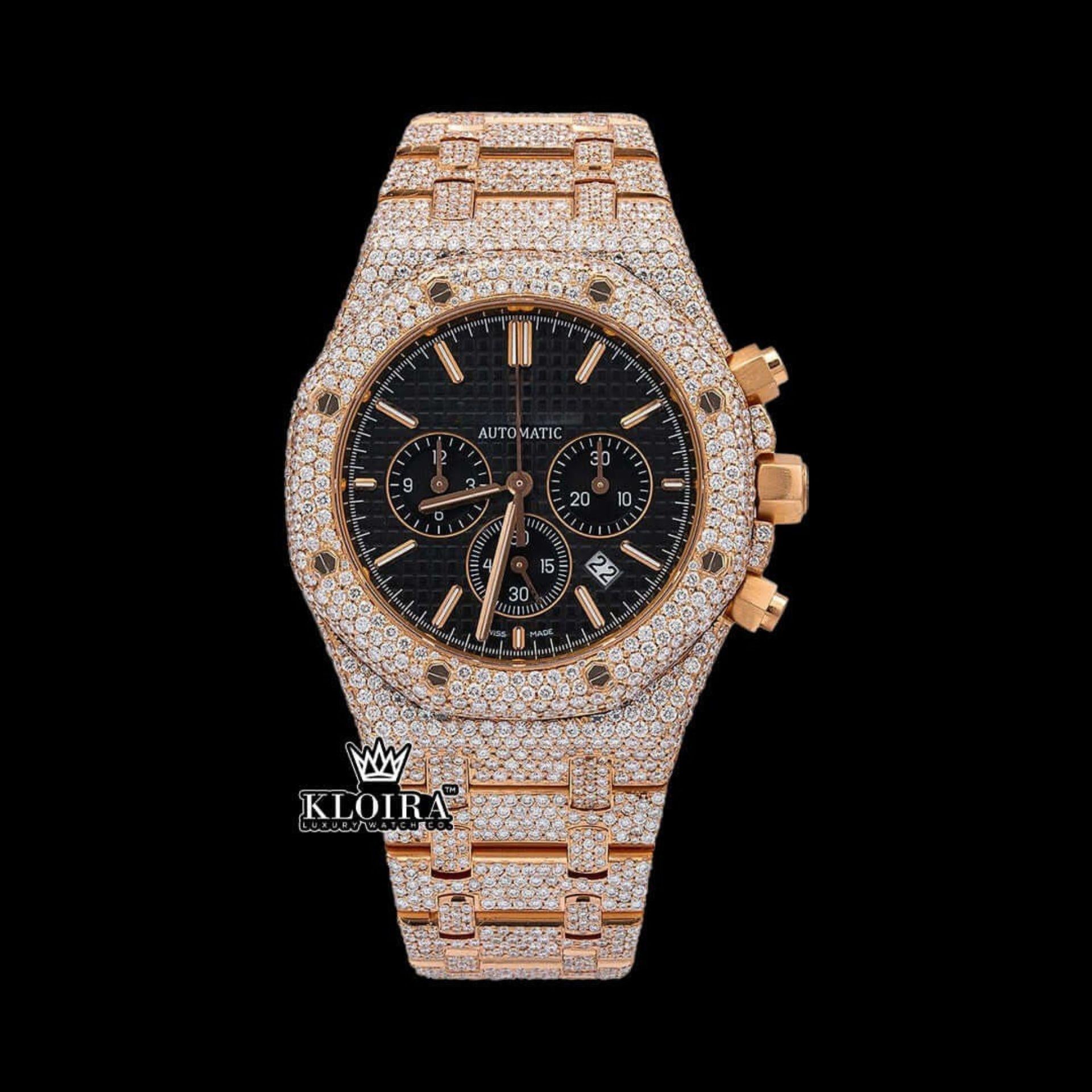 Men's Rose Gold Moissanite Diamond Iced Out Watch 14K Gold VVS 22 42mm Front View