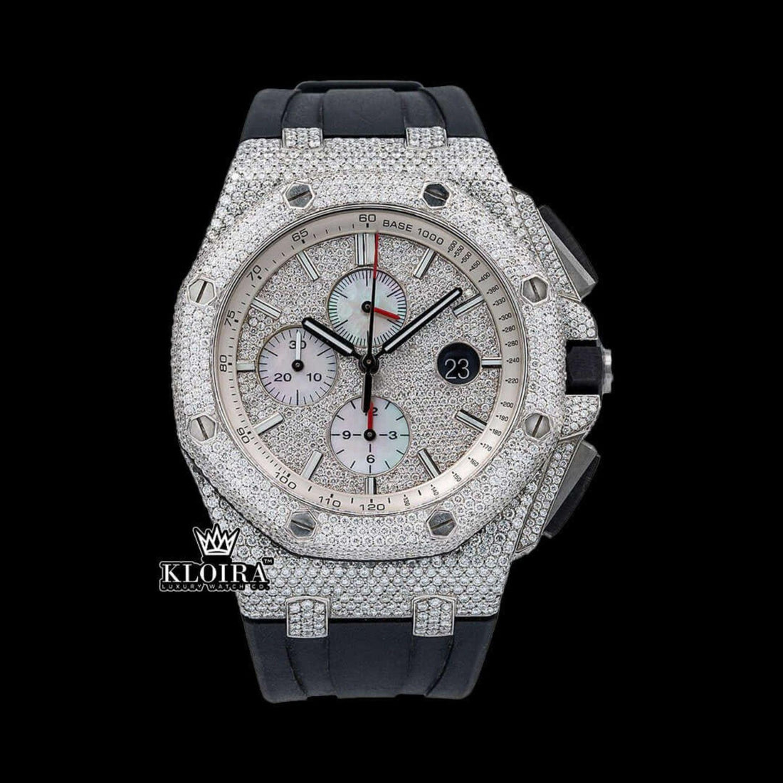 Men's Silver Iced Out Rubber Strap Moissanite Diamond Watch Front View