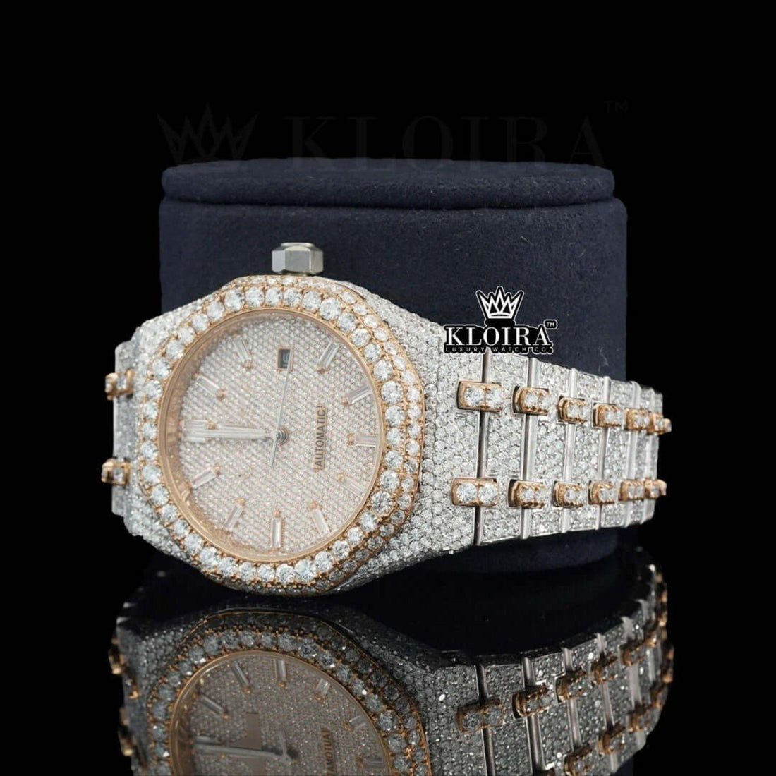Men's Two Tone Rose Gold Iced Out Moissanite Diamond Watch Front View