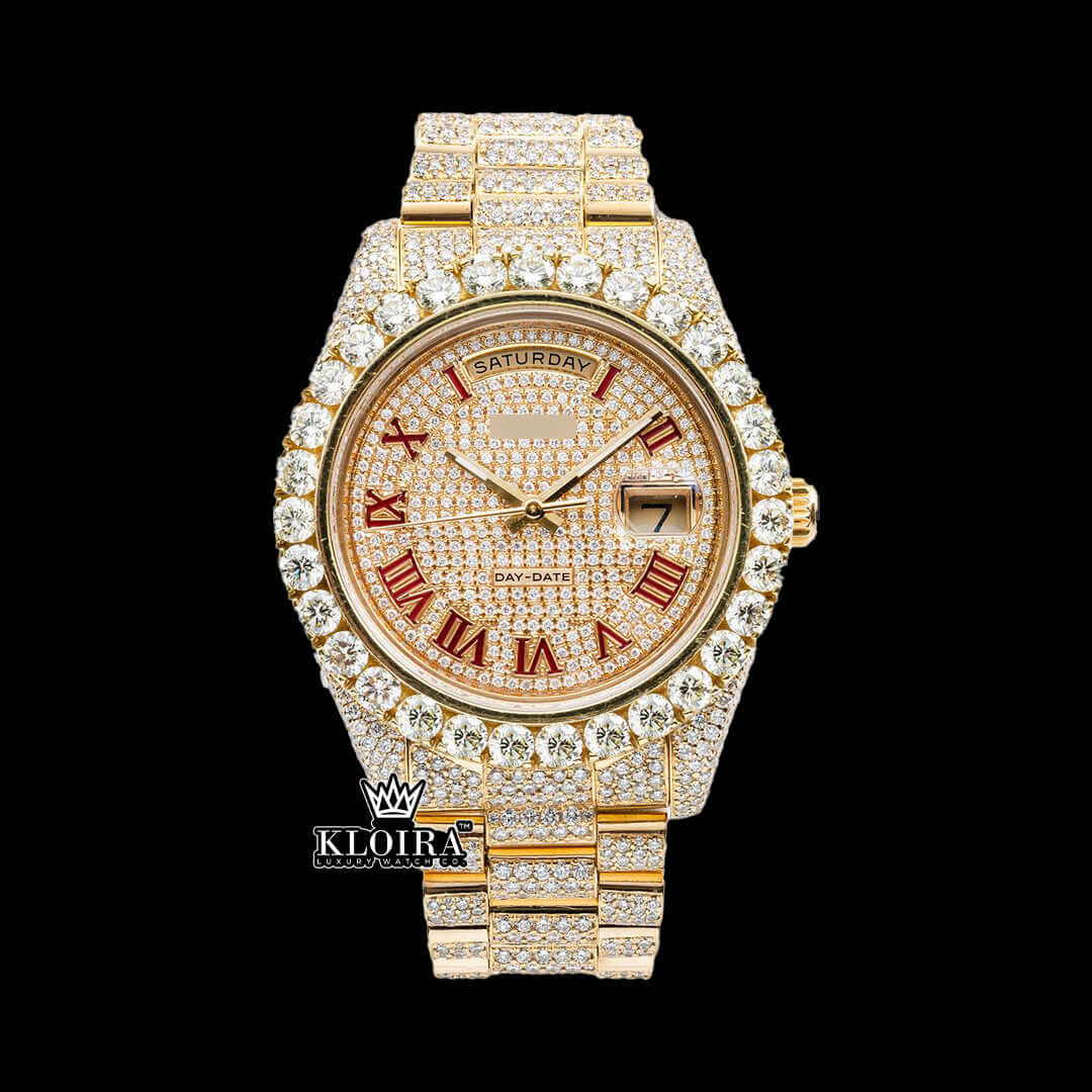 Men's Yellow Gold Roman Rolex Diamond Watch featuring a pavé design with Roman numerals and a sparkling gold-plated bracelet.