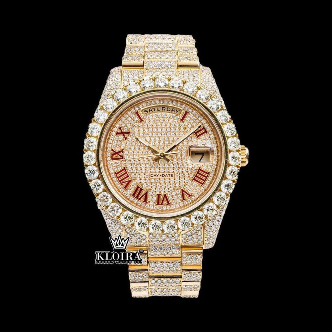 Men's Yellow Gold Roman Rolex Inspired Diamond Watch Front View