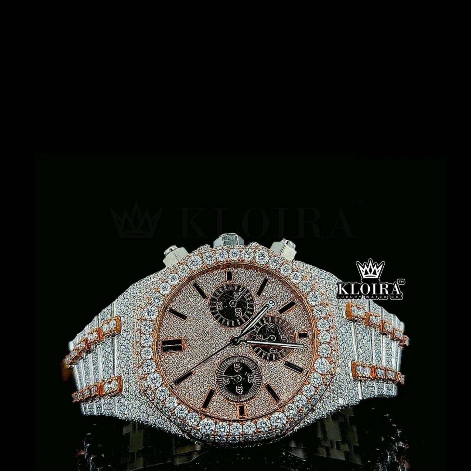 Mens Rose Gold Fully Iced Out Chronograph Moissanite Watch Front View