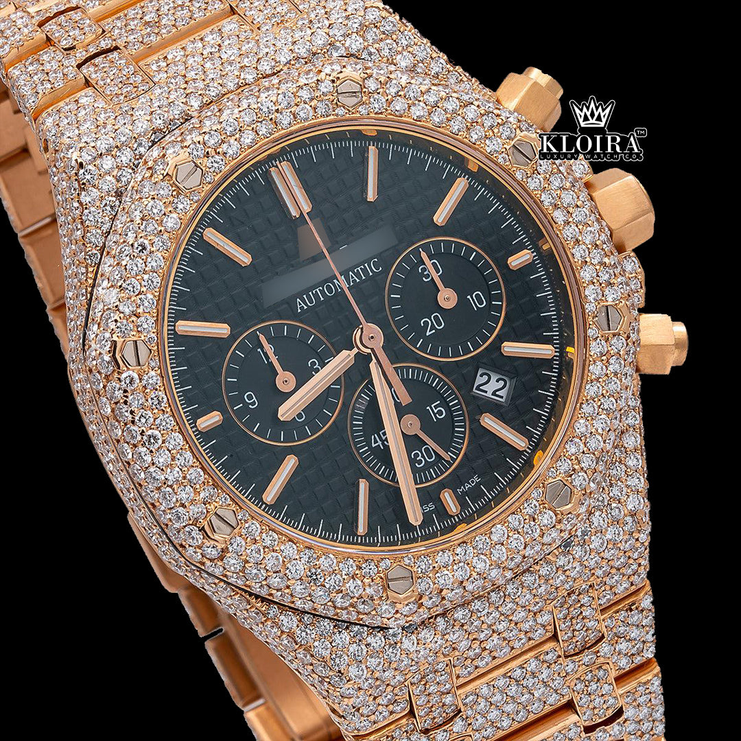 MidnightChrono Moissanite Diamond Watch 14K Gold VVS 22 Carat 42mm Front