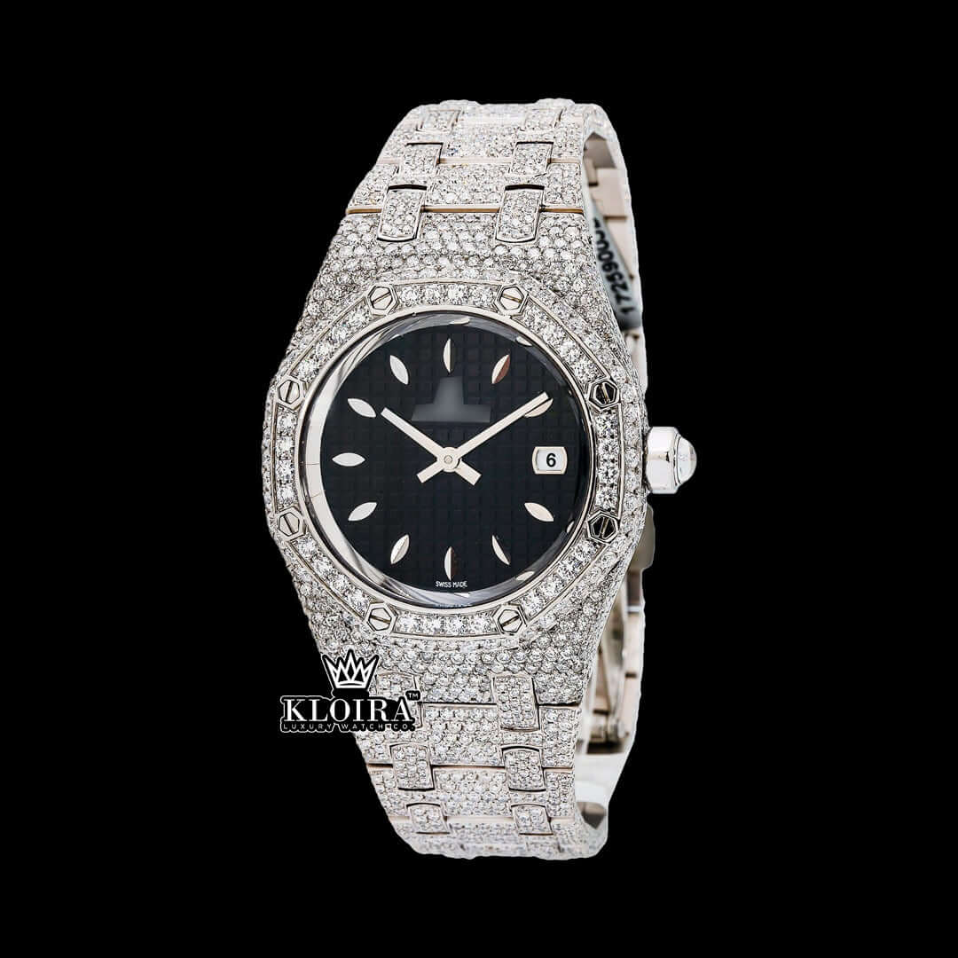 AP Royal Oak fully iced out moissanite diamond watch with black dial and stainless steel bracelet.