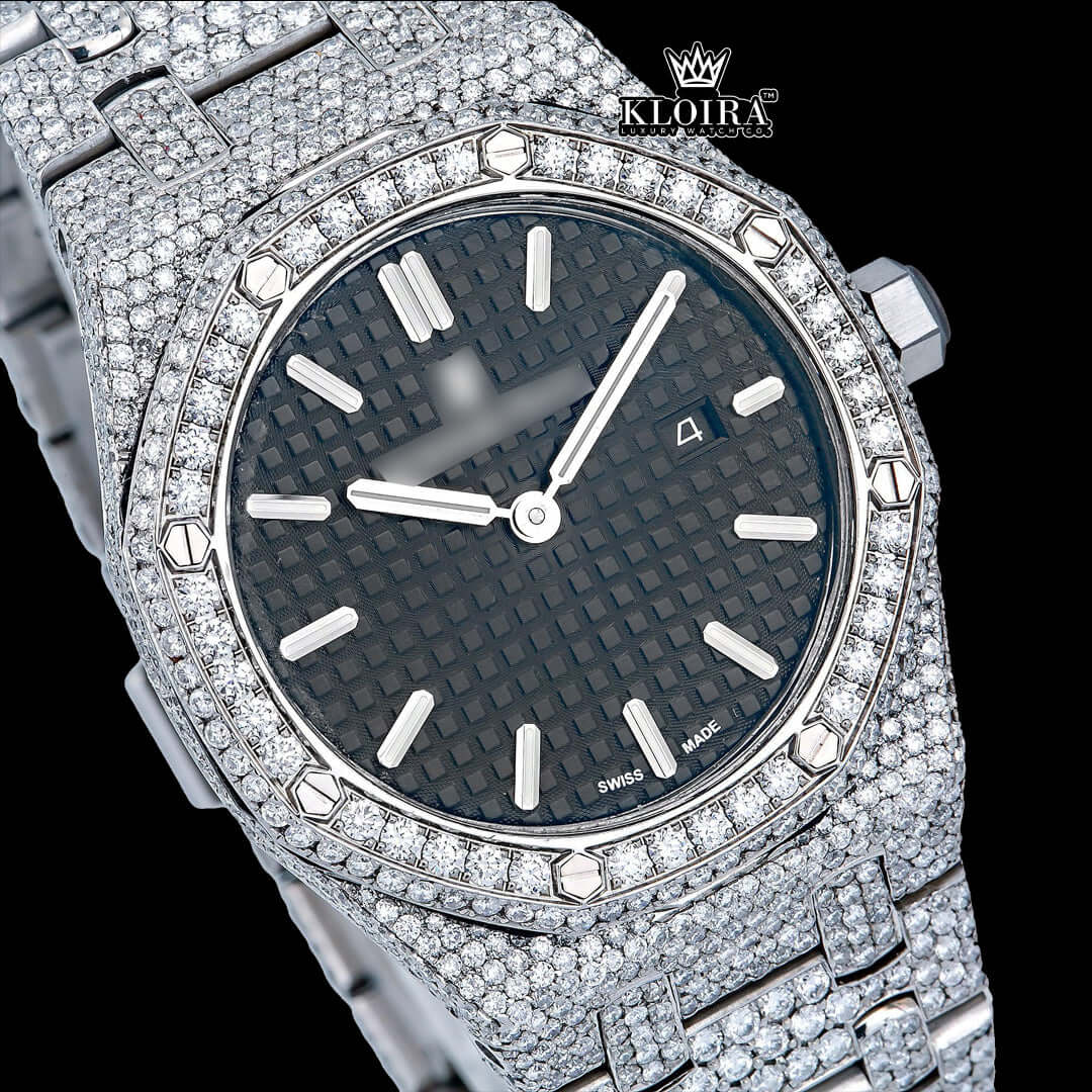Luxury 14K gold iced out moissanite watch with black dial and diamond-studded bracelet, 42mm, automatic movement.
