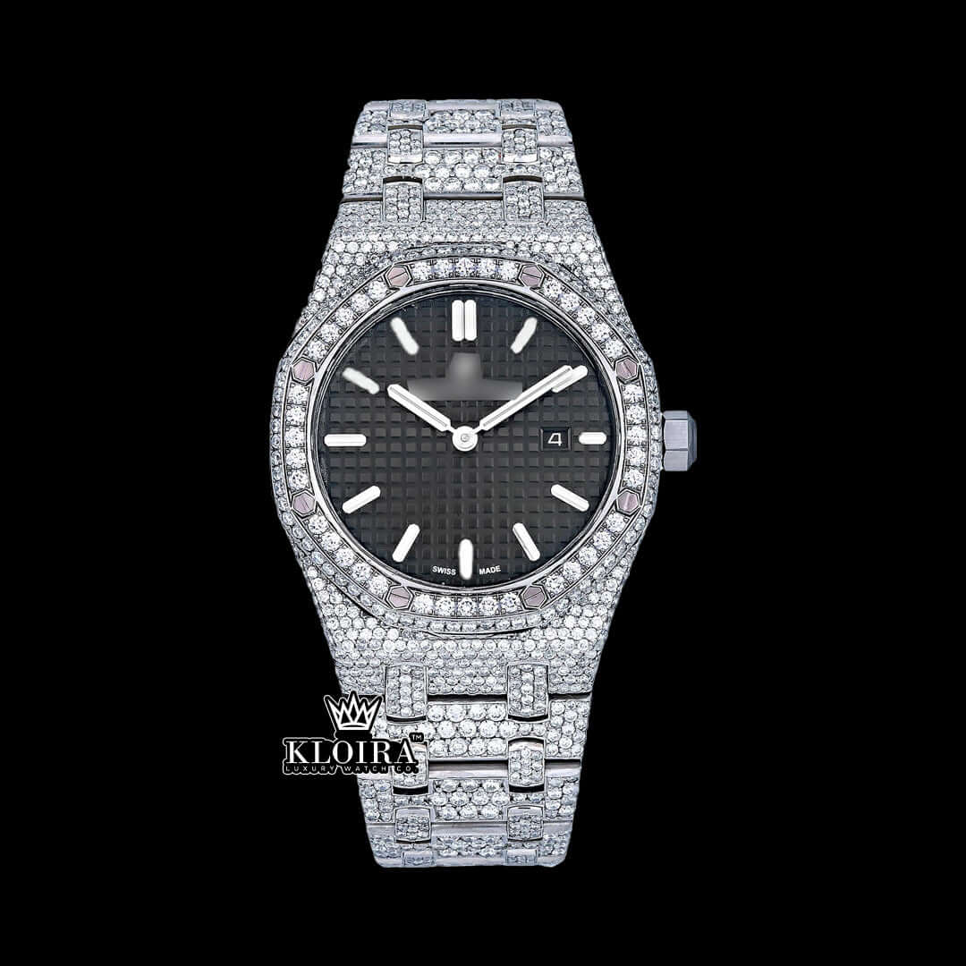 Luxury 14K gold iced out moissanite watch with black dial and diamond-studded bracelet, 42mm, automatic movement.