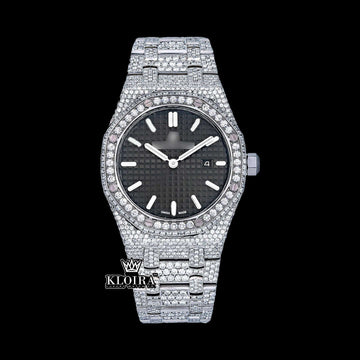 Luxury 14K gold iced out moissanite watch with black dial and diamond-studded bracelet, 42mm, automatic movement.