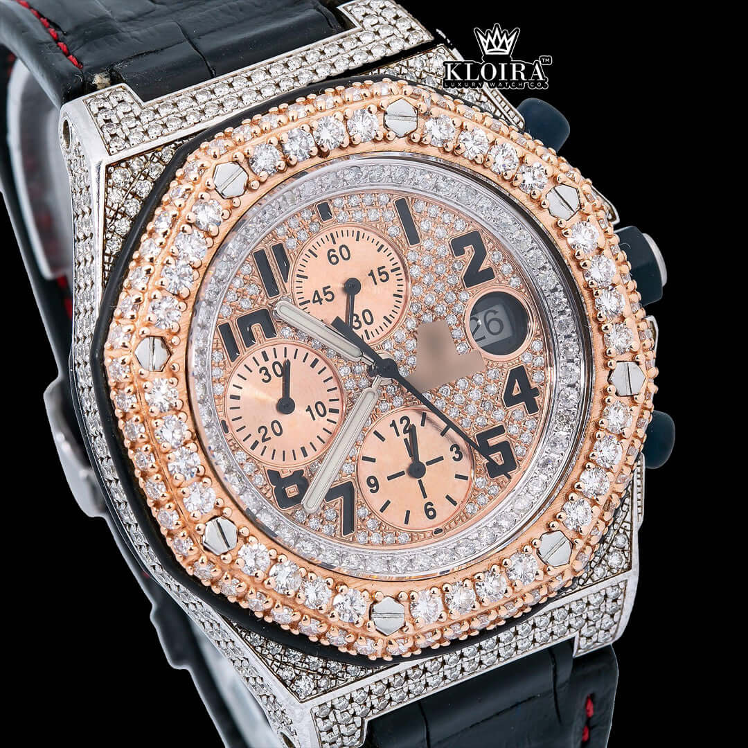 Rose gold dial luxury watch with black leather strap and diamond accents, showcasing intricate details and sophistication.