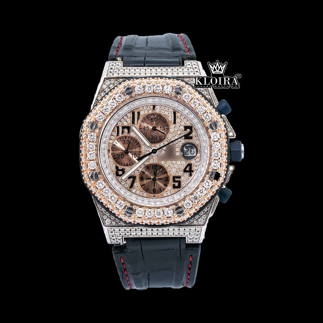 Rose gold dial luxury watch with black leather strap and diamond accents, showcasing intricate details and sophistication.