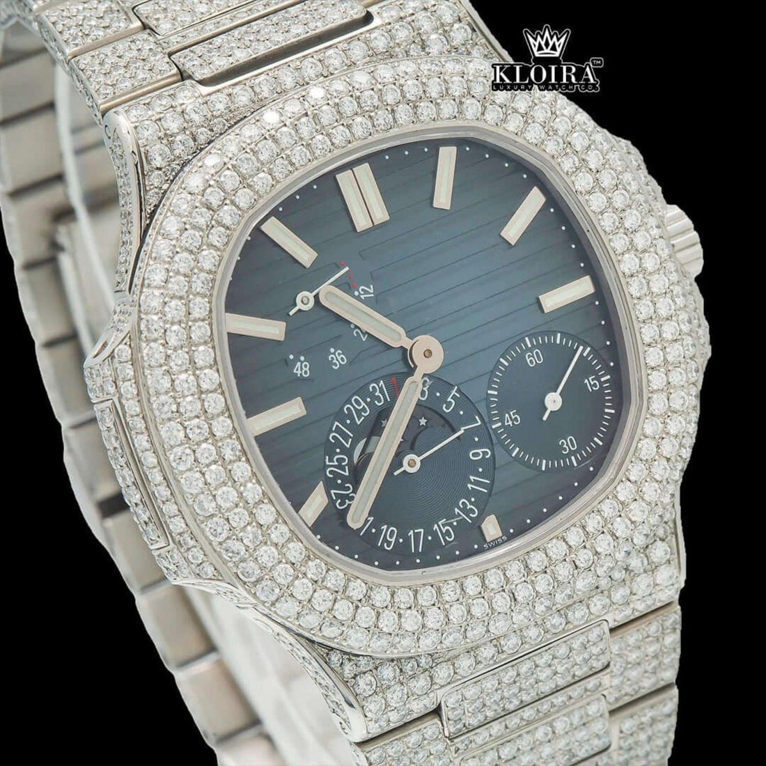 Midnight Gem Moissanite Diamond Watch 14K Gold VVS 22 Carat 42mm Front View