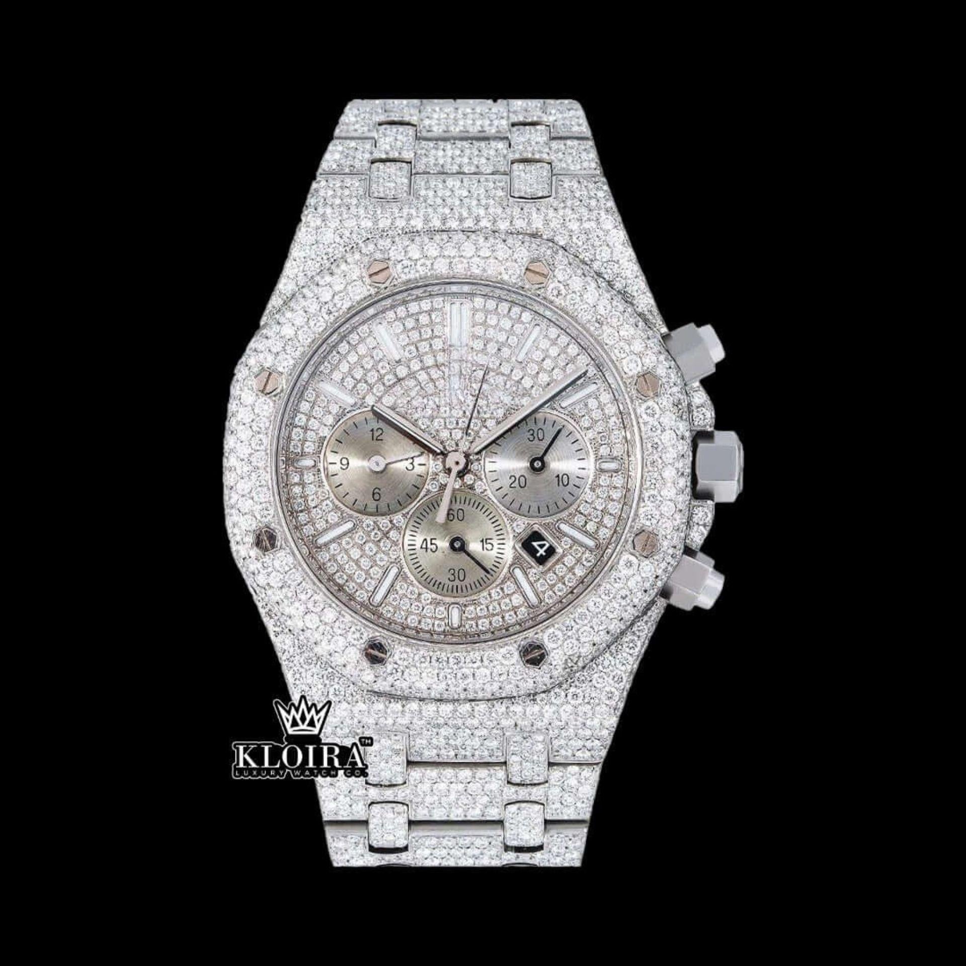 Moissanite AP Inspired Watch Silver Bust Down Chronograph Front View