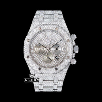 Moissanite AP Inspired Watch Silver Bust Down Chronograph Front View