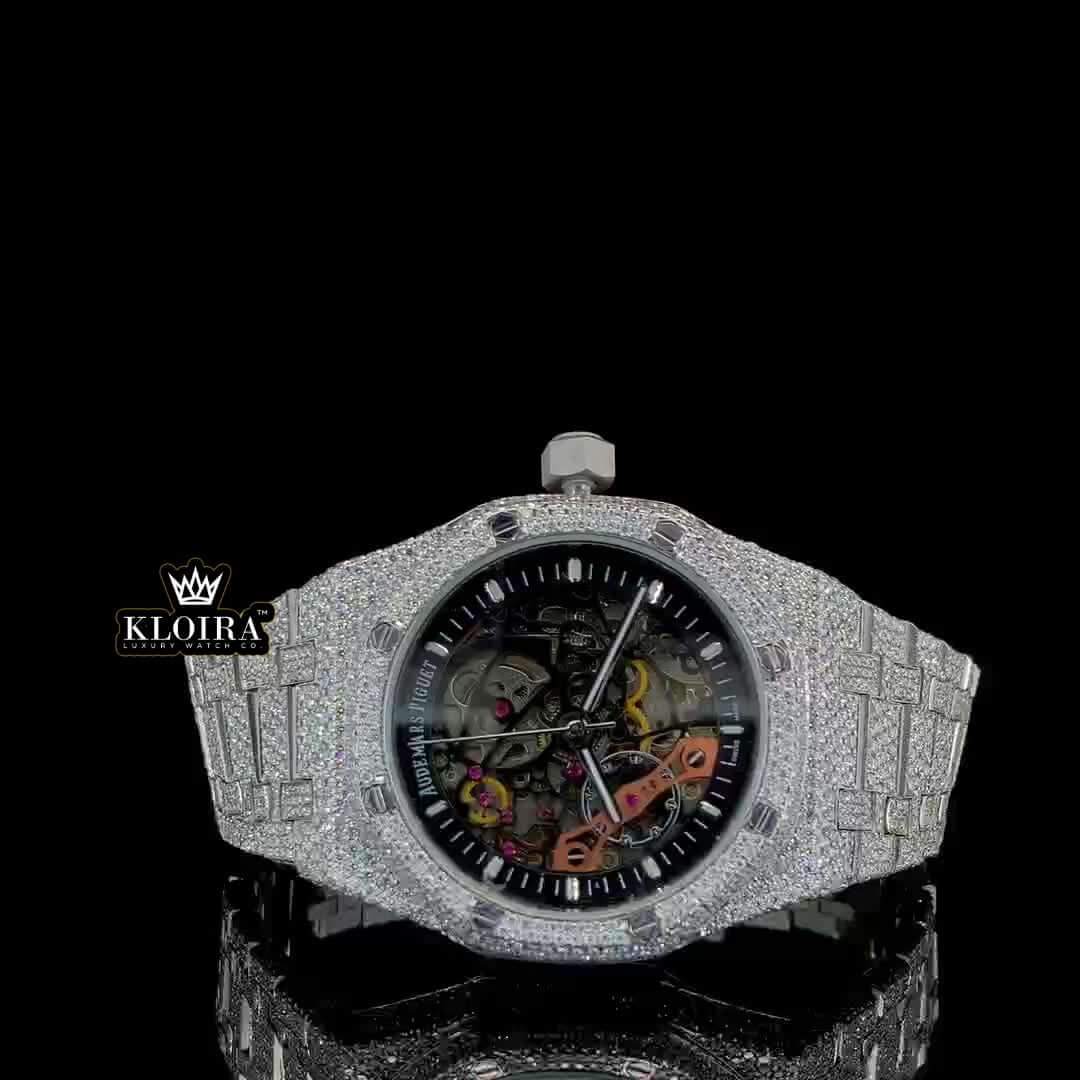 Iced Out AP Skeleton Moissanite Diamond Watch with intricate skeleton dial and iced stainless steel bracelet.
