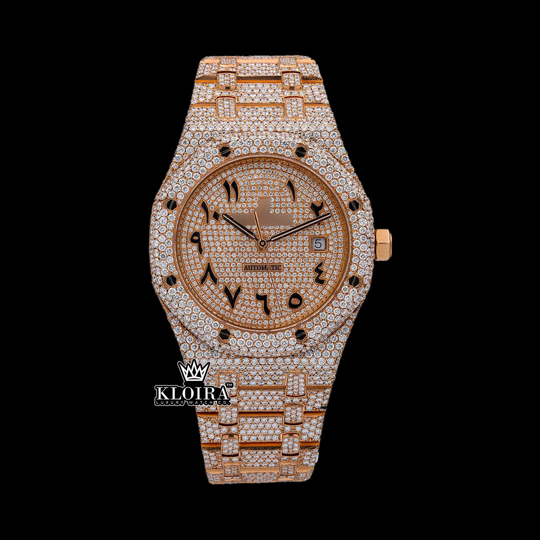 Front view of Moissanite AP Watch Arabic Dial in rose gold with moissanite stones