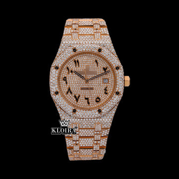 Front view of Moissanite AP Watch Arabic Dial in rose gold with moissanite stones