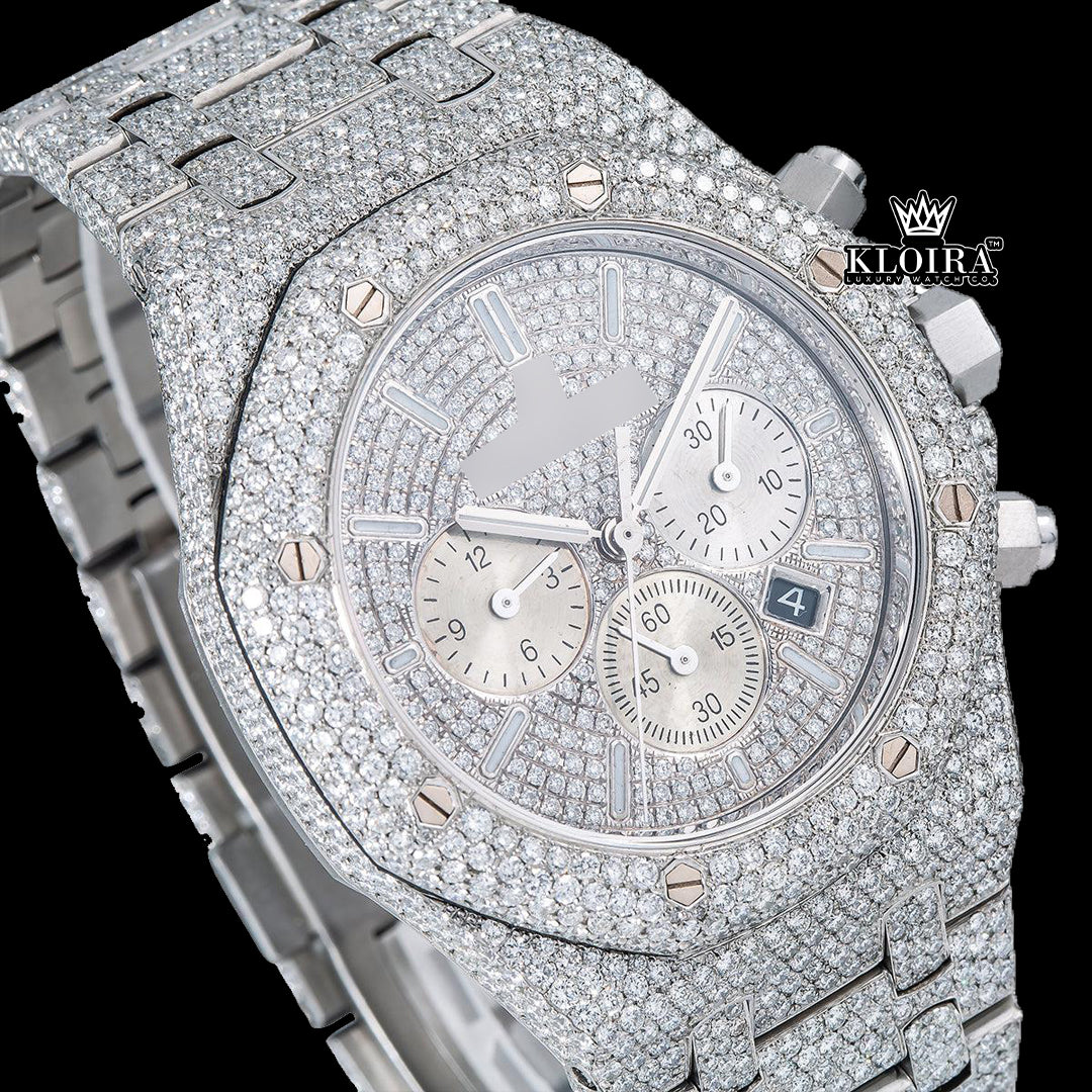 Moissanite AP Watch fully iced with VVS diamonds and silver chronograph dial shown from the front