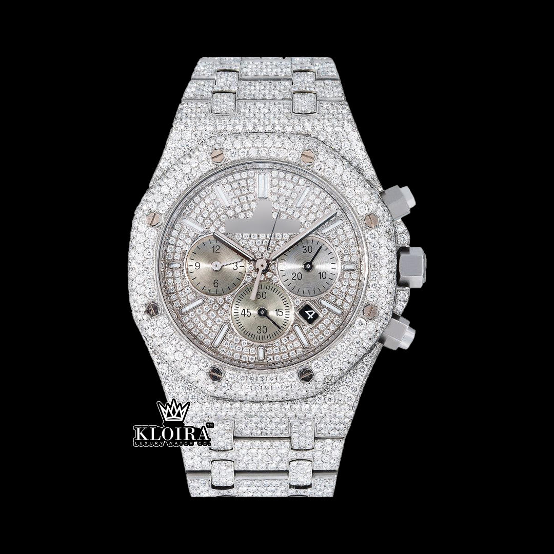 Moissanite AP Watch fully iced with VVS diamonds and silver chronograph dial shown from the front