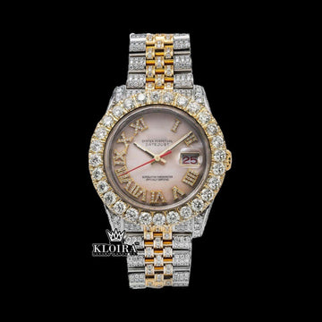 Moissanite Diamond Watch Two Tone Rose Gold 14K Gold VVS 20 Carat 42mm Front View