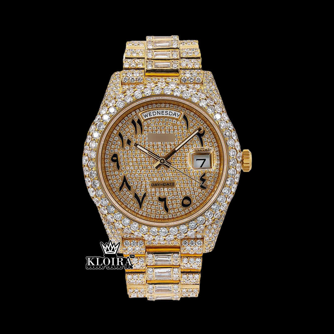 Moissanite Rolex Watch Arabic Dial featuring a vivid yellow dial and sparkling moissanite diamonds in a luxurious design.