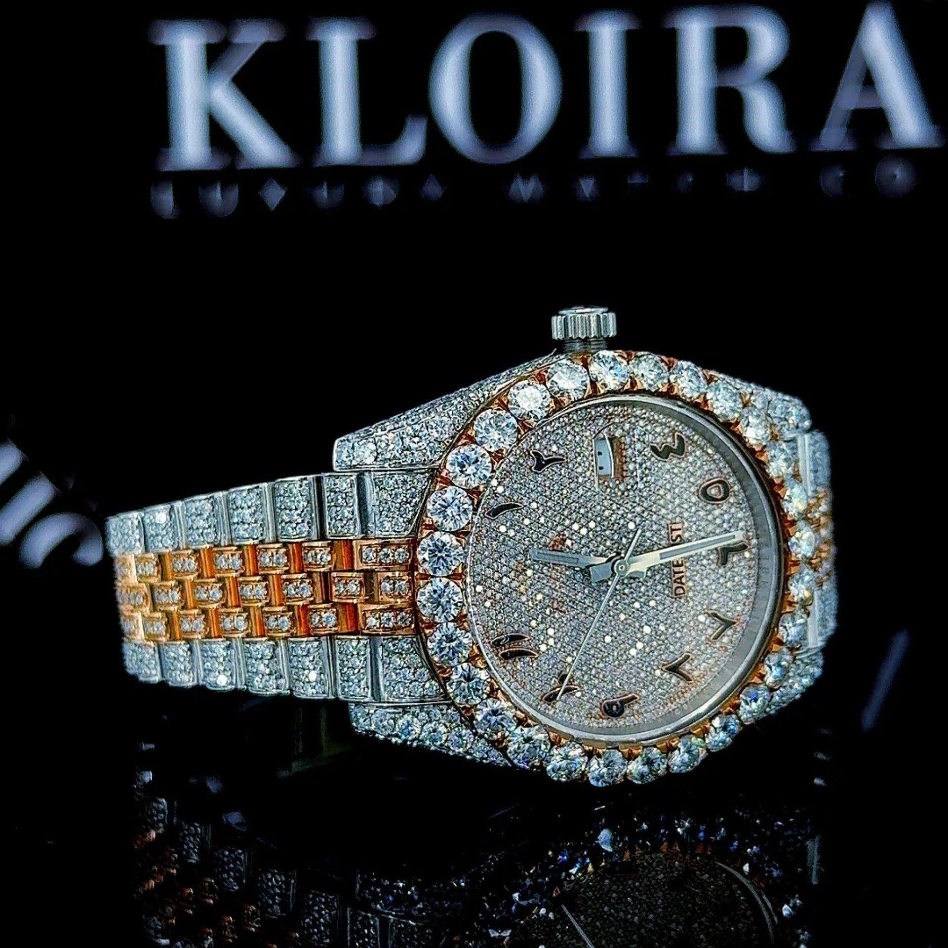 Moissanite Rolex Style Watch Yellow Dial Arabic Two Tone Iced Out