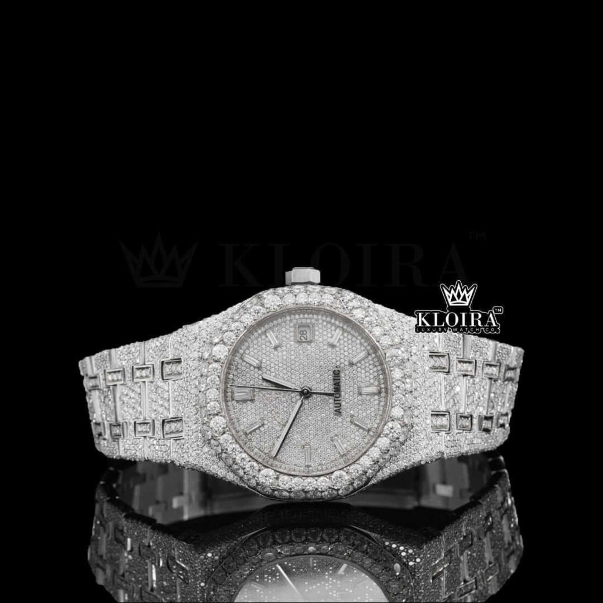 Moissanite Studded Diamond Watch with Fully Iced Out Front View