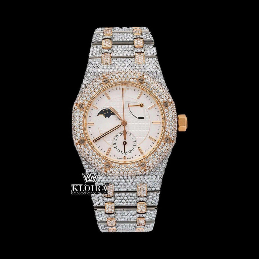 Moonphase White Dial Stick Markers Two Tone Iced Out Moissanite Watch Front View